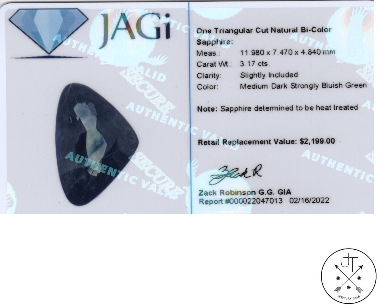 3.17 Carat Natural Bi-Color Sapphire 12 x 7.5 mm Triangular Faceted Gemstone Certified Blue Green