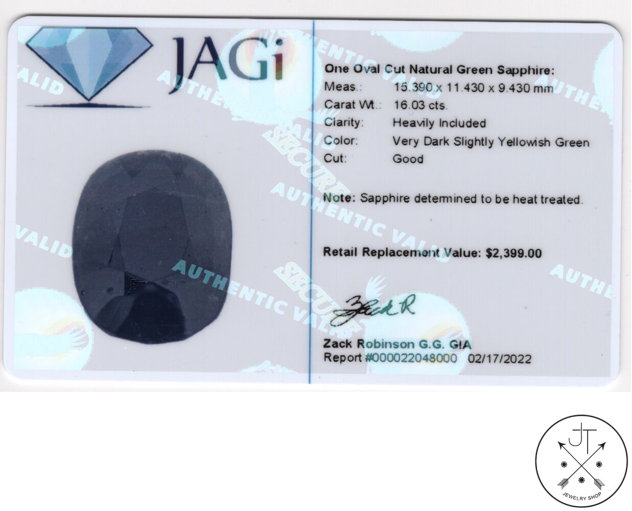 16 Carat Natural Green Sapphire 15 x 11 mm Oval Faceted Gemstone Certified Loose