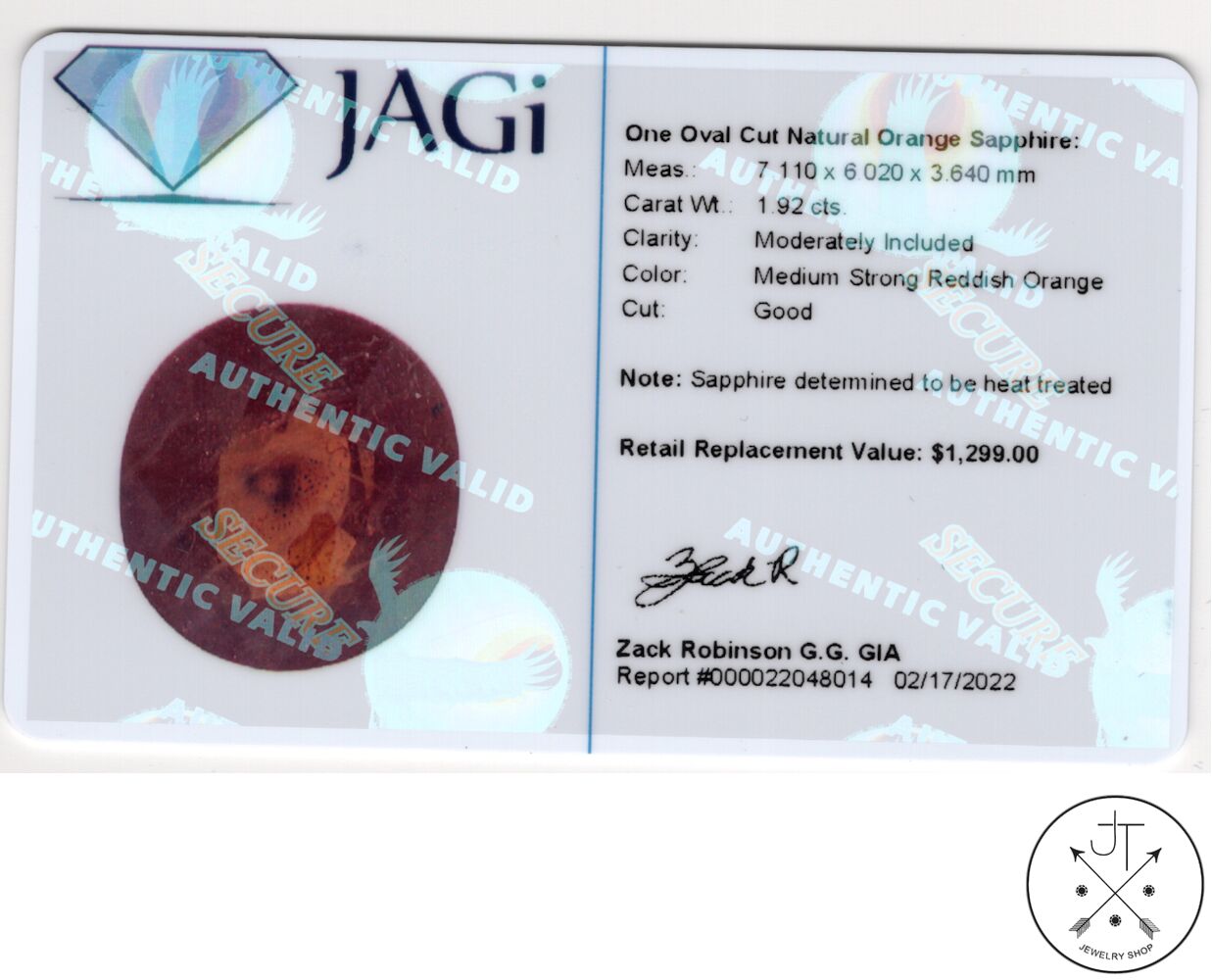 1.9 Carat Natural Orange Sapphire 7 x 6 mm Oval Faceted Gemstone Certified Loose