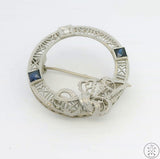 Antique 14k White Gold Filigree Brooch with Diamonds and Sapphire Deco Pin