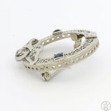 Antique 14k White Gold Filigree Brooch with Diamonds and Sapphire Deco Pin