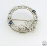 Antique 14k White Gold Filigree Brooch with Diamonds and Sapphire Deco Pin