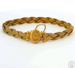 Victorian Etruscan Revival Woven Bracelet 14k 12k and 10k Yellow Gold 7.5 Inch Antique