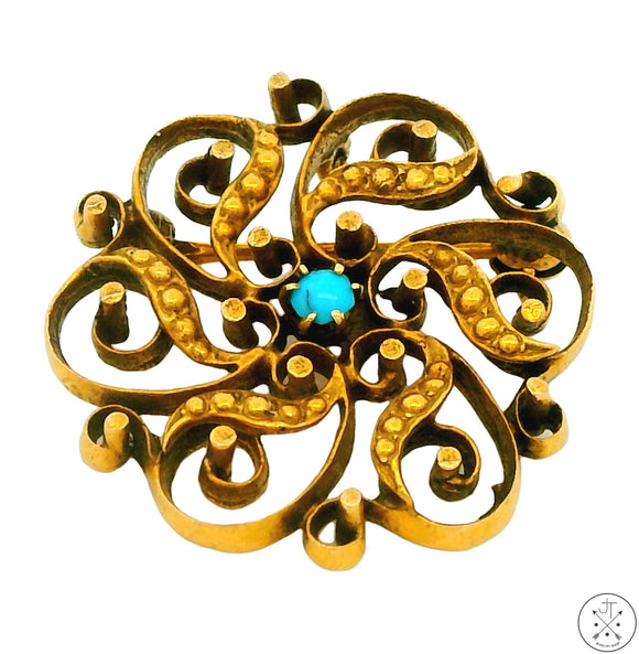 Antique 14k Yellow Gold Pendant Pin with Turquoise