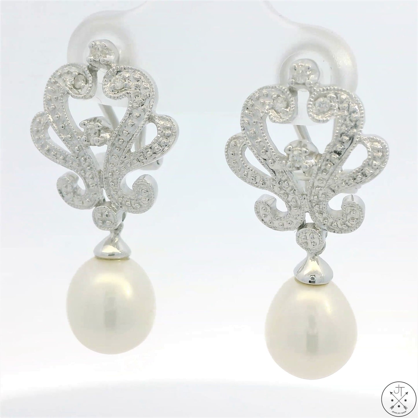 New 14k White Gold Earrings with Pearl and Diamond Omega Back Dangle Studs