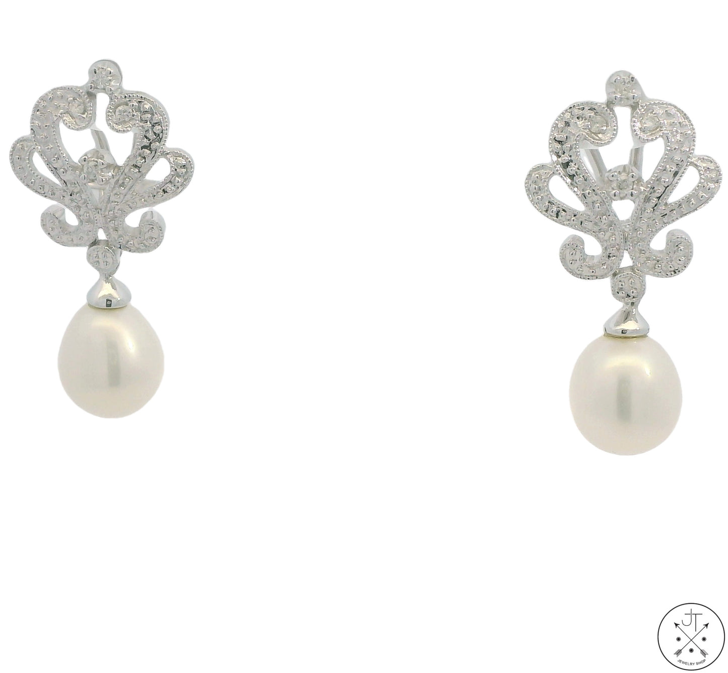 New 14k White Gold Earrings with Pearl and Diamond Omega Back Dangle Studs