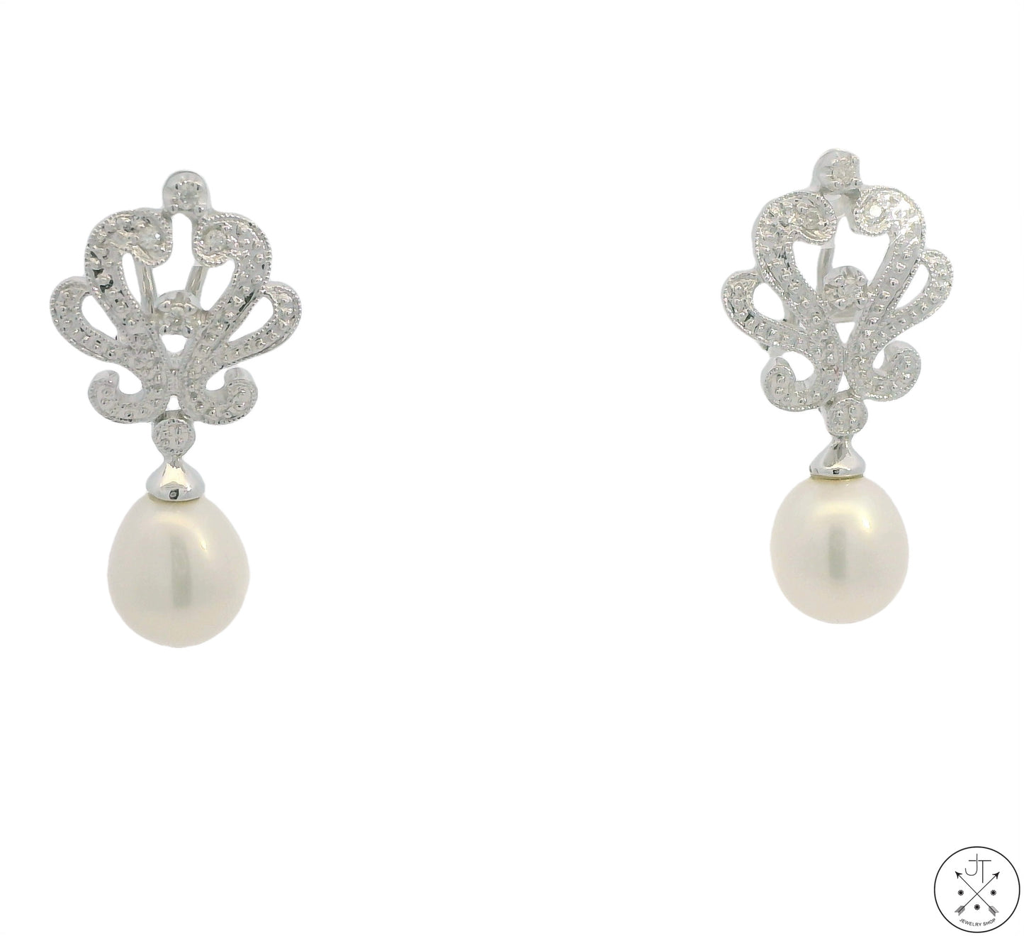 New 14k White Gold Earrings with Pearl and Diamond Omega Back Dangle Studs