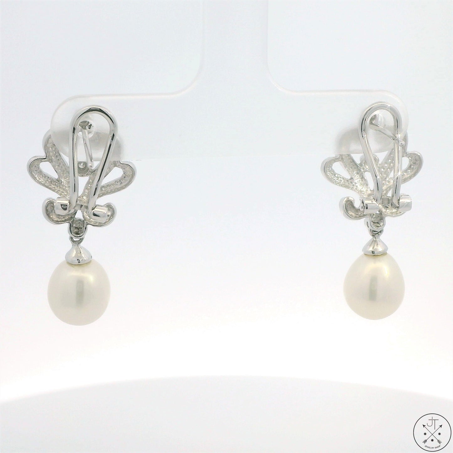 New 14k White Gold Earrings with Pearl and Diamond Omega Back Dangle Studs