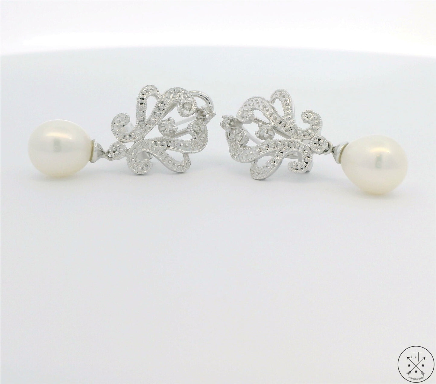 New 14k White Gold Earrings with Pearl and Diamond Omega Back Dangle Studs