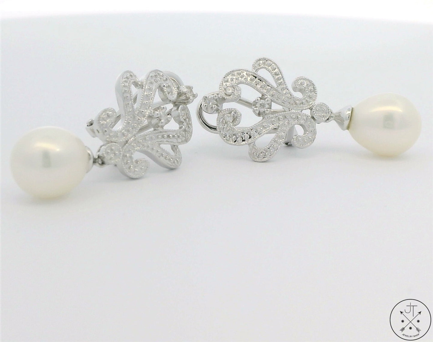 New 14k White Gold Earrings with Pearl and Diamond Omega Back Dangle Studs