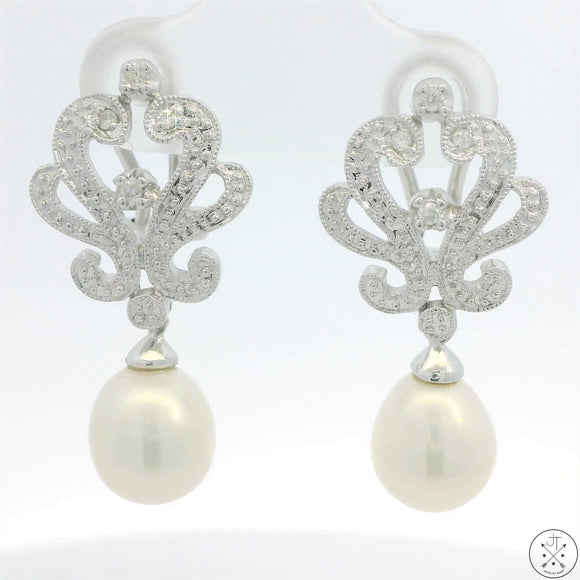 New 14k White Gold Earrings with Pearl and Diamond Omega Back Dangle Studs