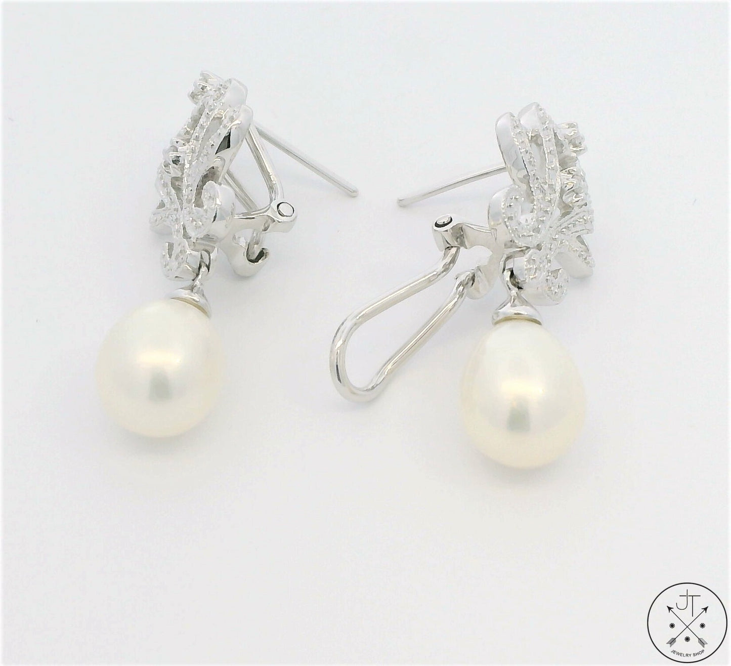 New 14k White Gold Earrings with Pearl and Diamond Omega Back Dangle Studs