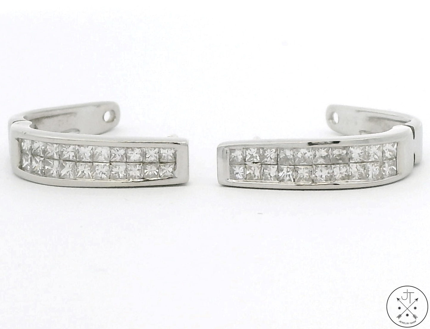 14k White Gold Huggie Earrings with 2 ctw Diamonds Hinged Princess Cut