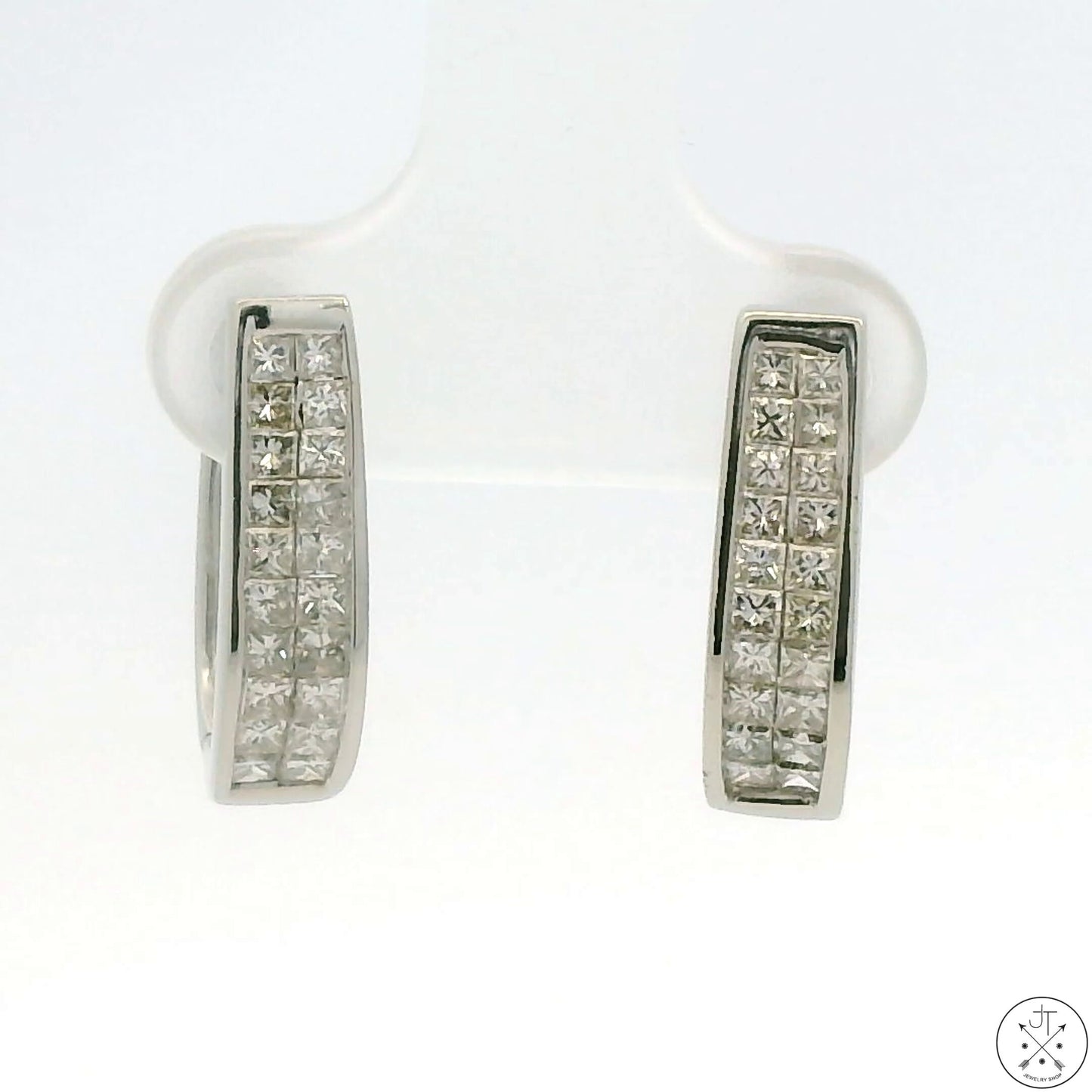 14k White Gold Huggie Earrings with 2 ctw Diamonds Hinged Princess Cut