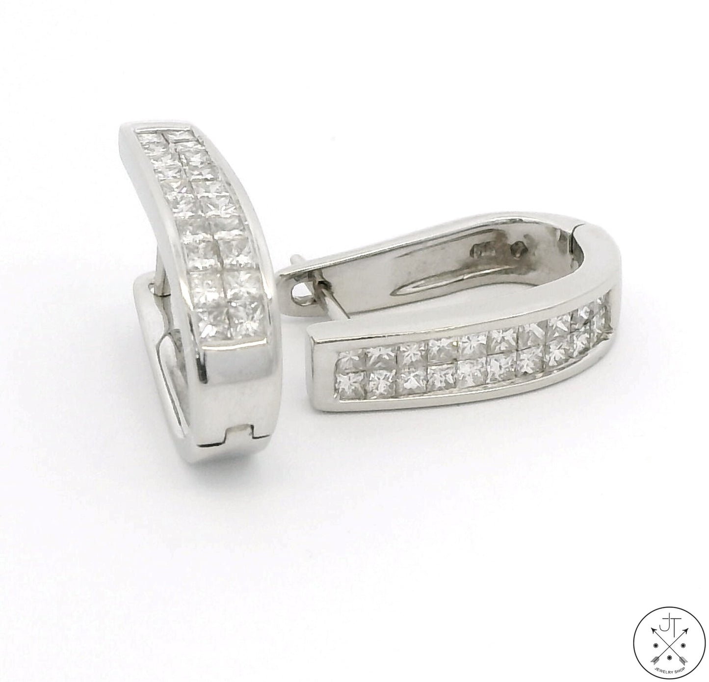 14k White Gold Huggie Earrings with 2 ctw Diamonds Hinged Princess Cut