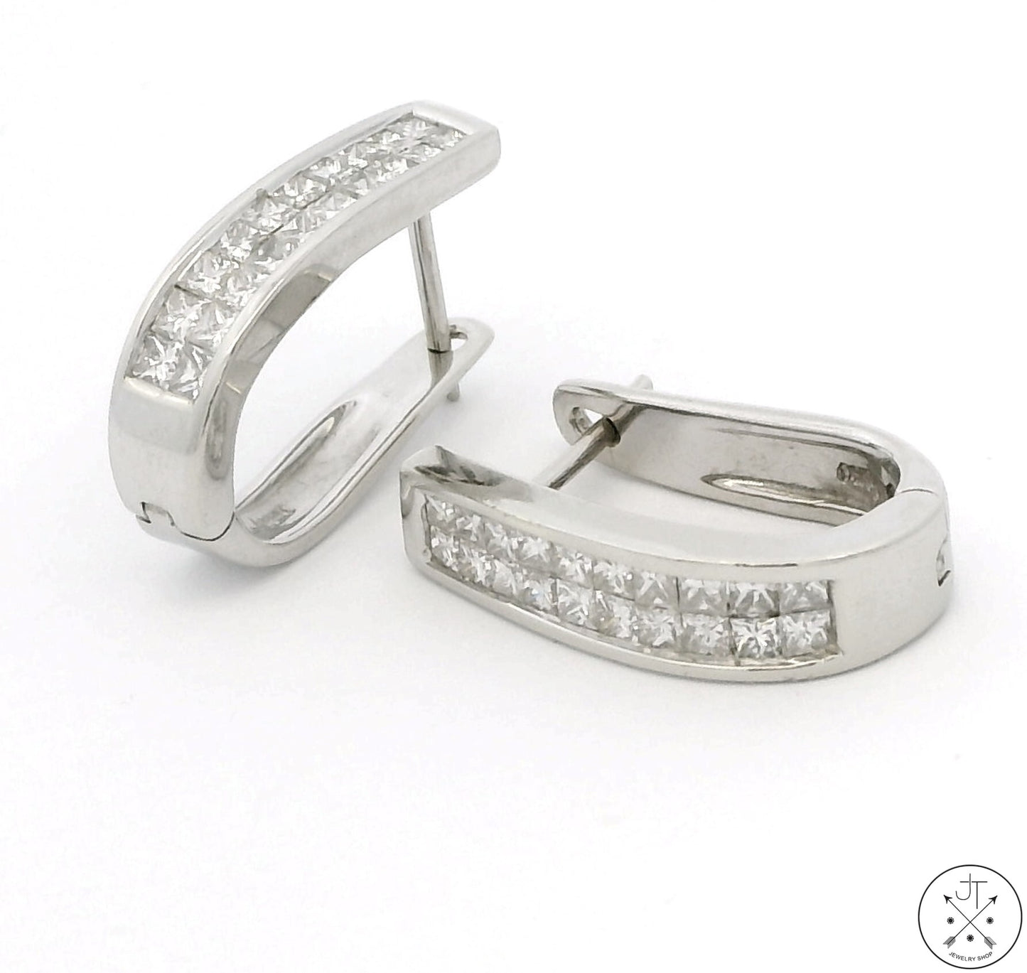 14k White Gold Huggie Earrings with 2 ctw Diamonds Hinged Princess Cut