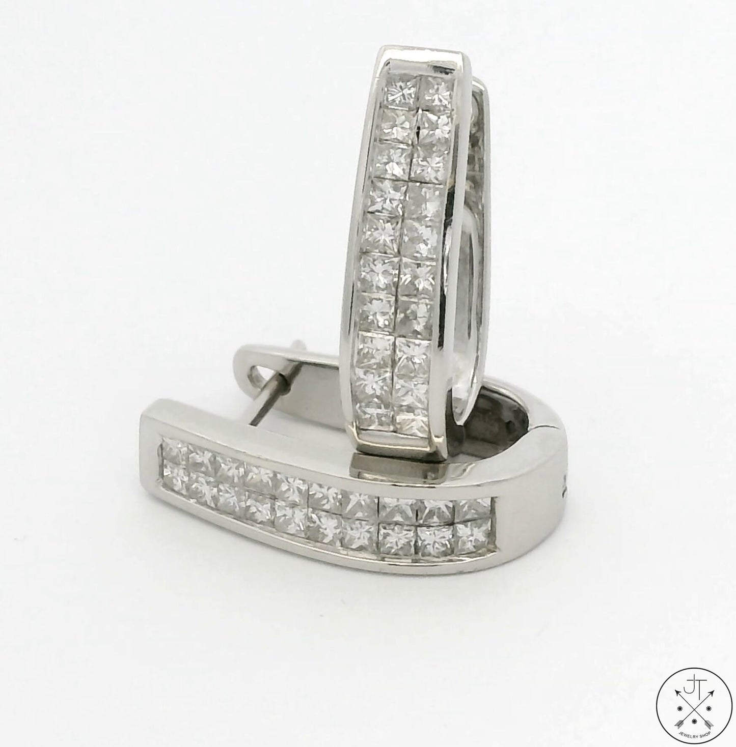 14k White Gold Huggie Earrings with 2 ctw Diamonds Hinged Princess Cut