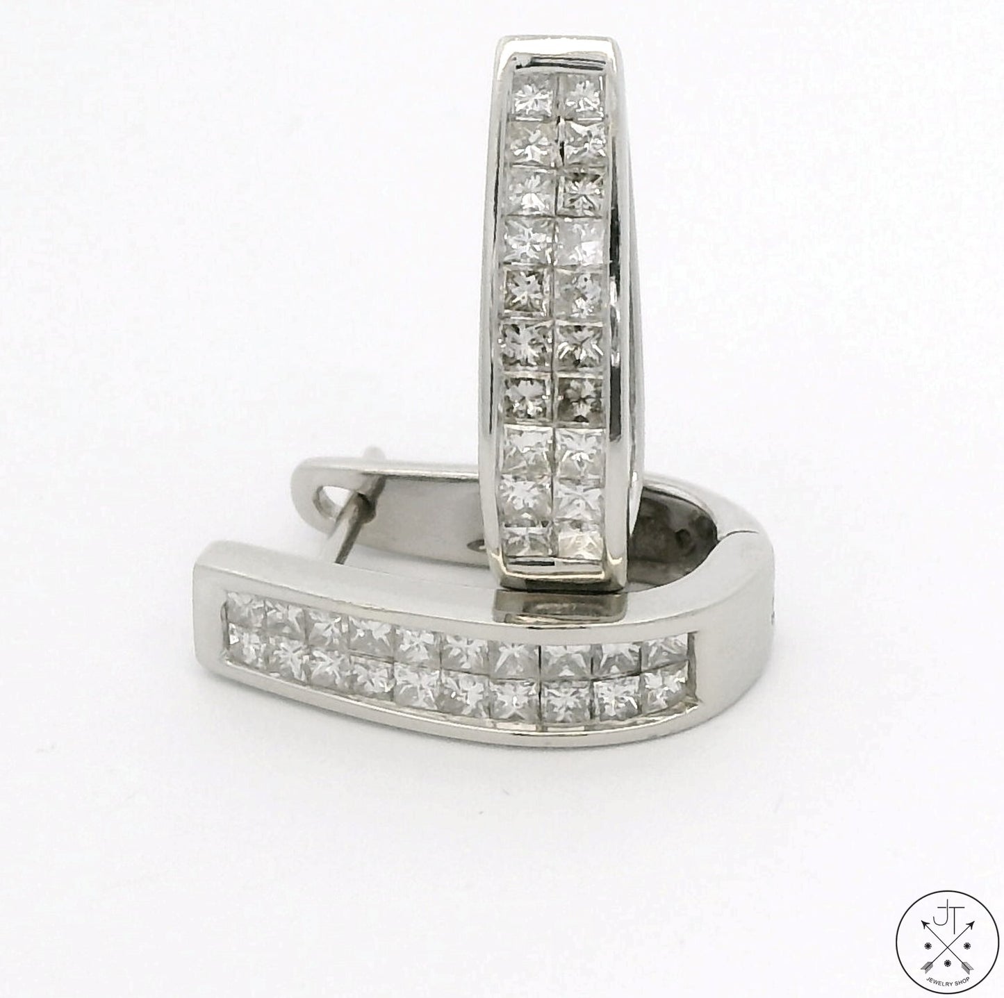 14k White Gold Huggie Earrings with 2 ctw Diamonds Hinged Princess Cut