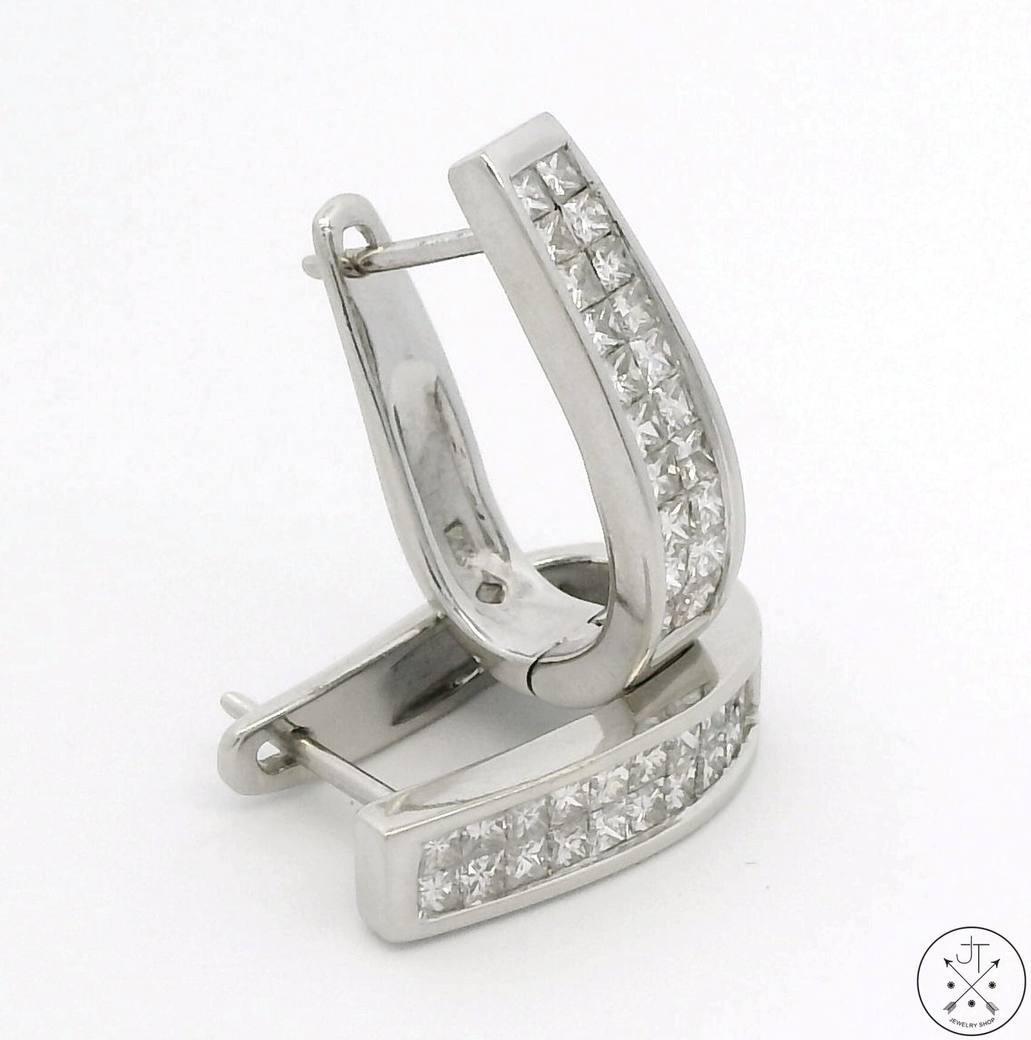 14k White Gold Huggie Earrings with 2 ctw Diamonds Hinged Princess Cut