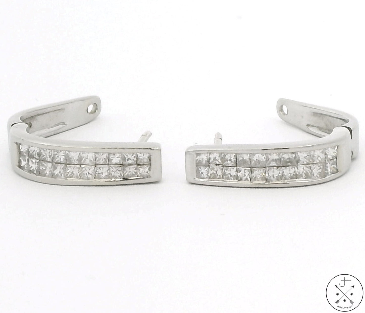 14k White Gold Huggie Earrings with 2 ctw Diamonds Hinged Princess Cut