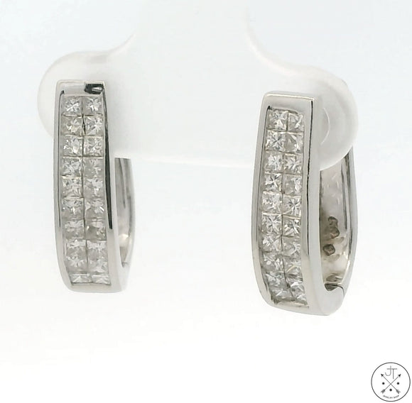 14k White Gold Huggie Earrings with 2 ctw Diamonds Hinged Princess Cut