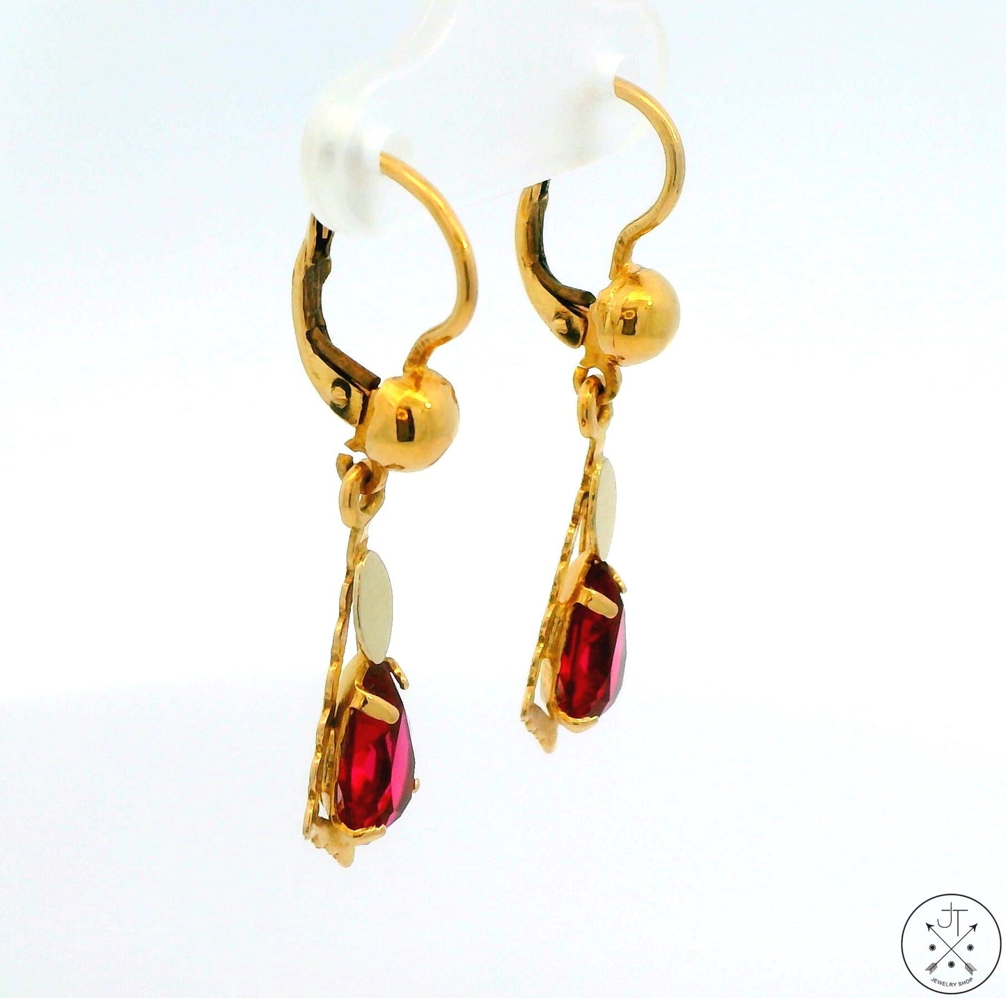 Antique 18k Yellow Gold and Pink Glass Dangle Earrings