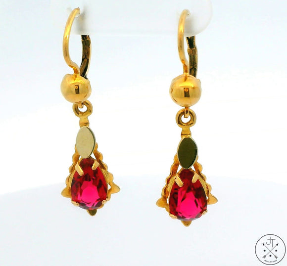 Antique 18k Yellow Gold and Pink Glass Dangle Earrings