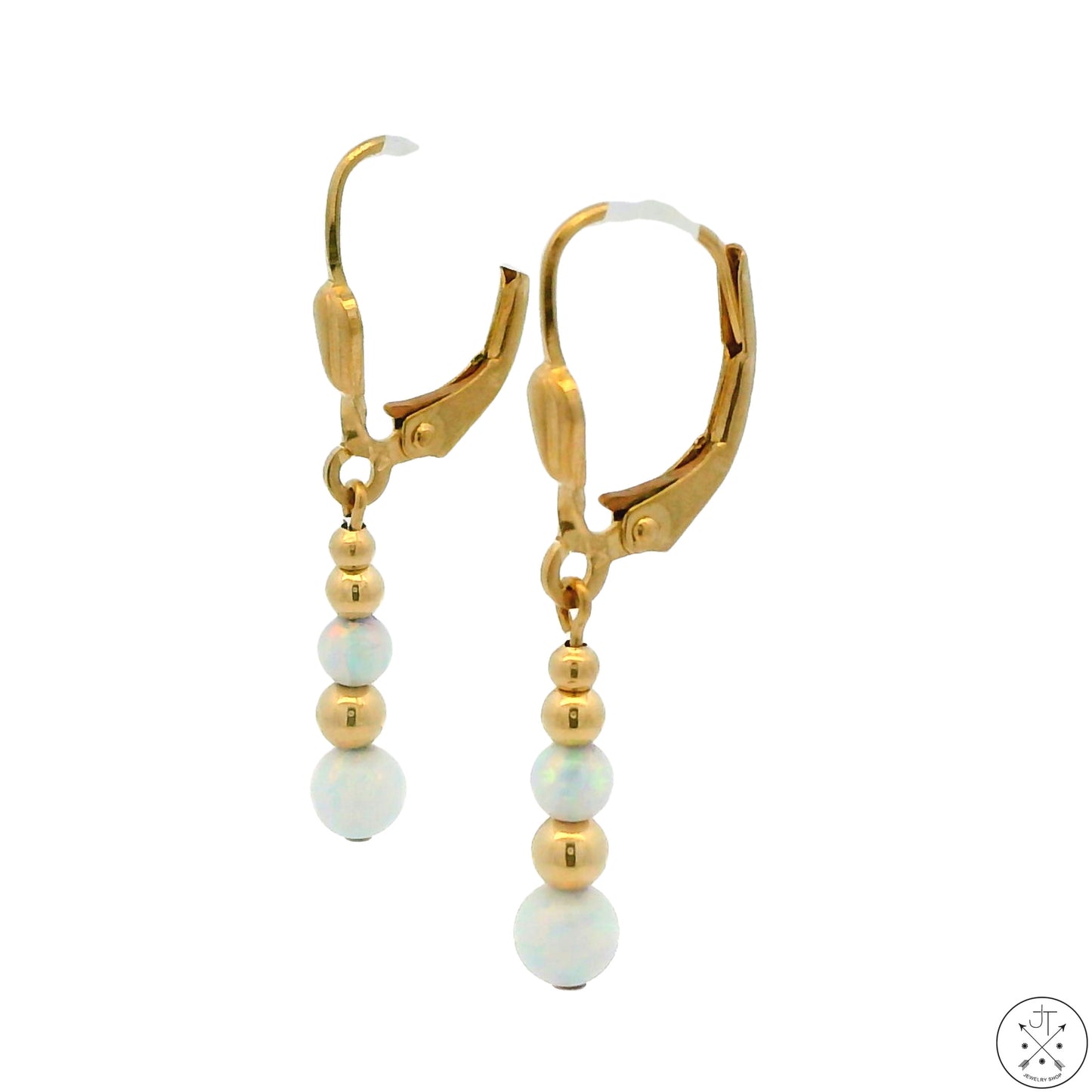 14k Yellow Gold Dangle Earrings with Created Opal Spheres