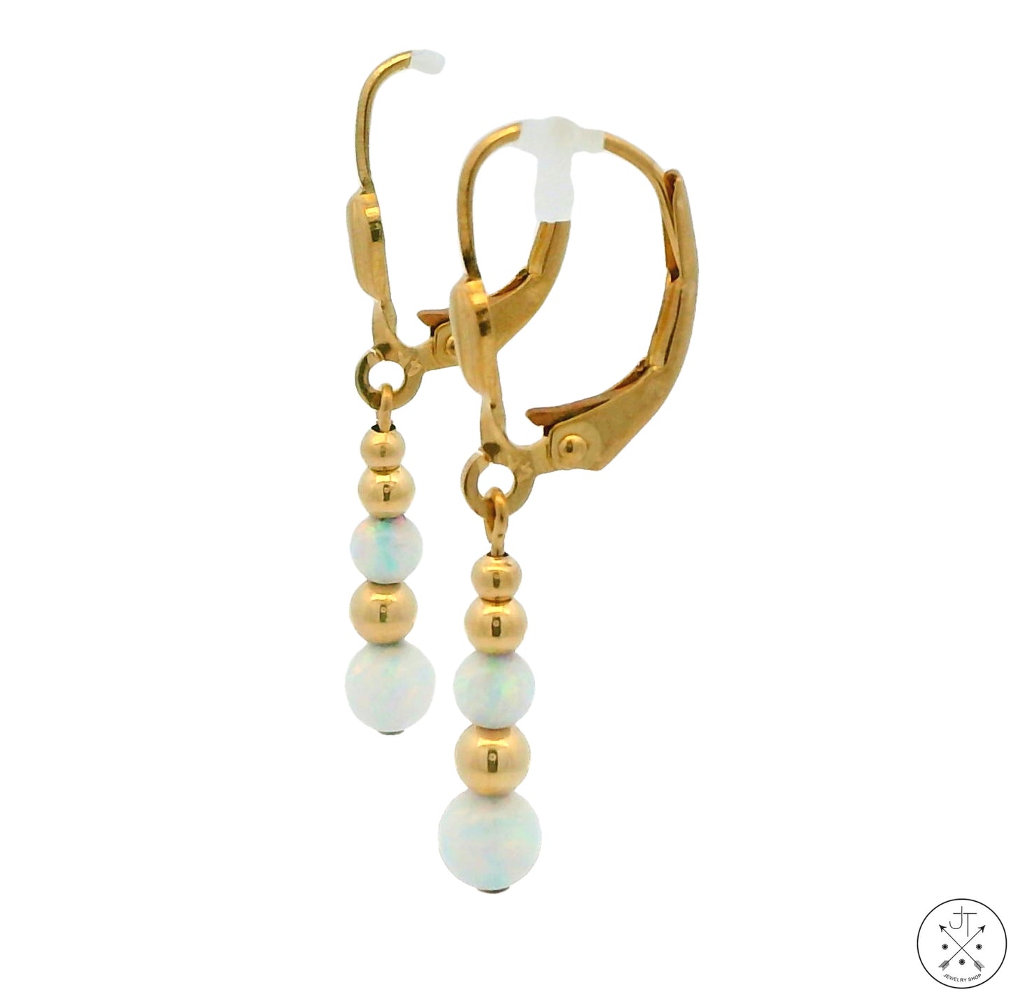 14k Yellow Gold Dangle Earrings with Created Opal Spheres