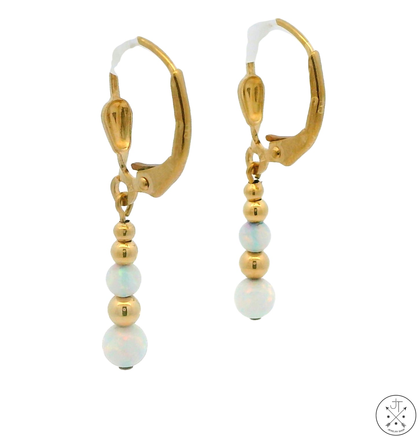 14k Yellow Gold Dangle Earrings with Created Opal Spheres