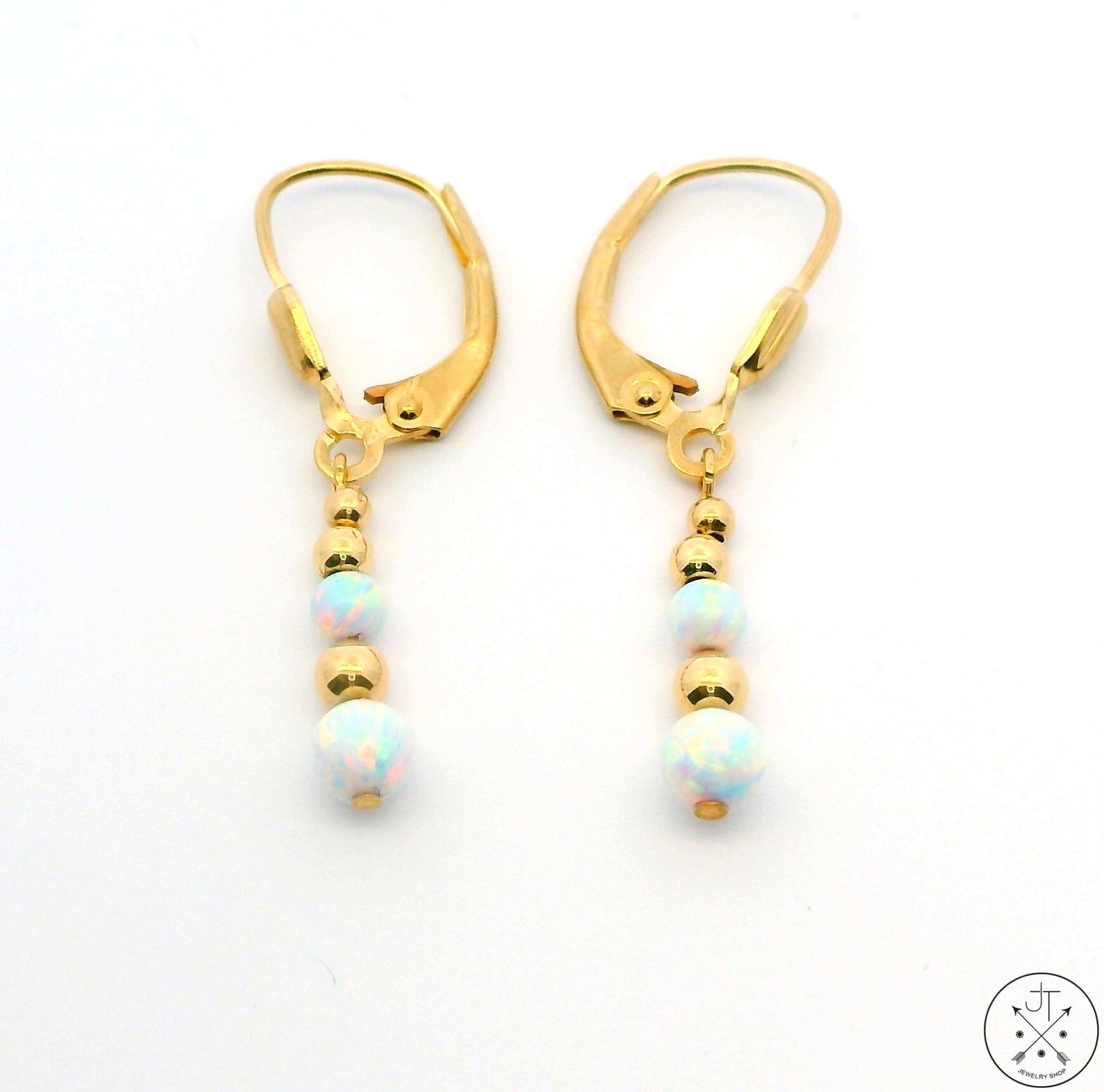 14k Yellow Gold Dangle Earrings with Created Opal Spheres