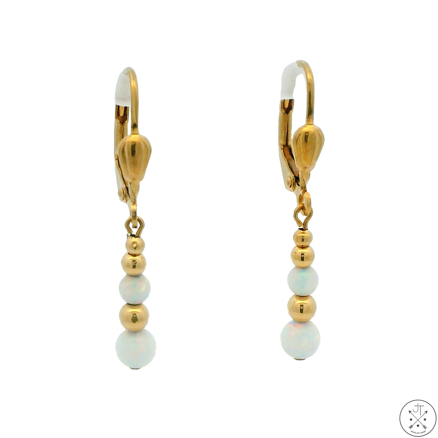 14k Yellow Gold Dangle Earrings with Created Opal Spheres