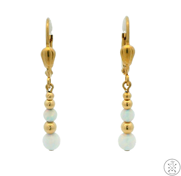 14k Yellow Gold Dangle Earrings with Created Opal Spheres