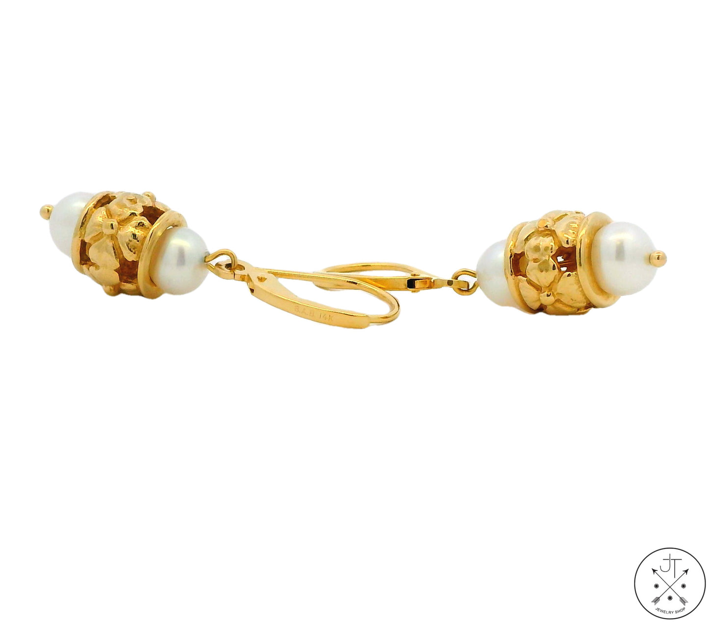 14k Yellow Gold Dangle Earrings with Cultured Pearl Leverback