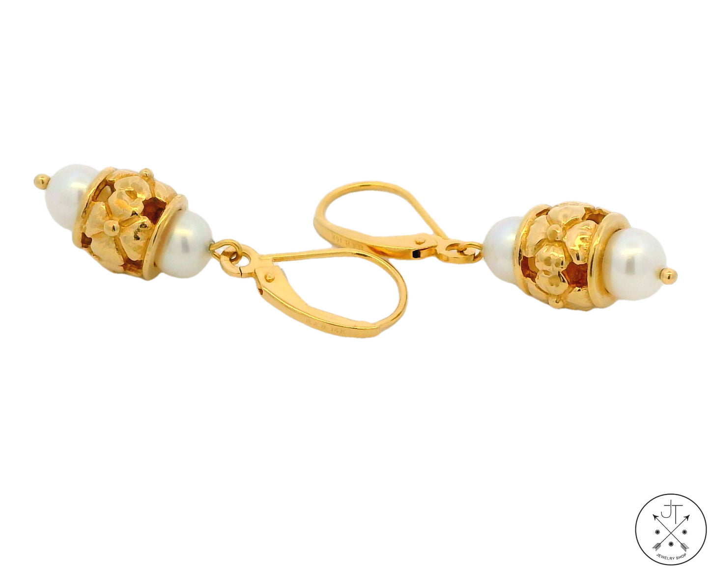 14k Yellow Gold Dangle Earrings with Cultured Pearl Leverback
