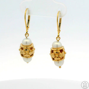 14k Yellow Gold Dangle Earrings with Cultured Pearl Leverback