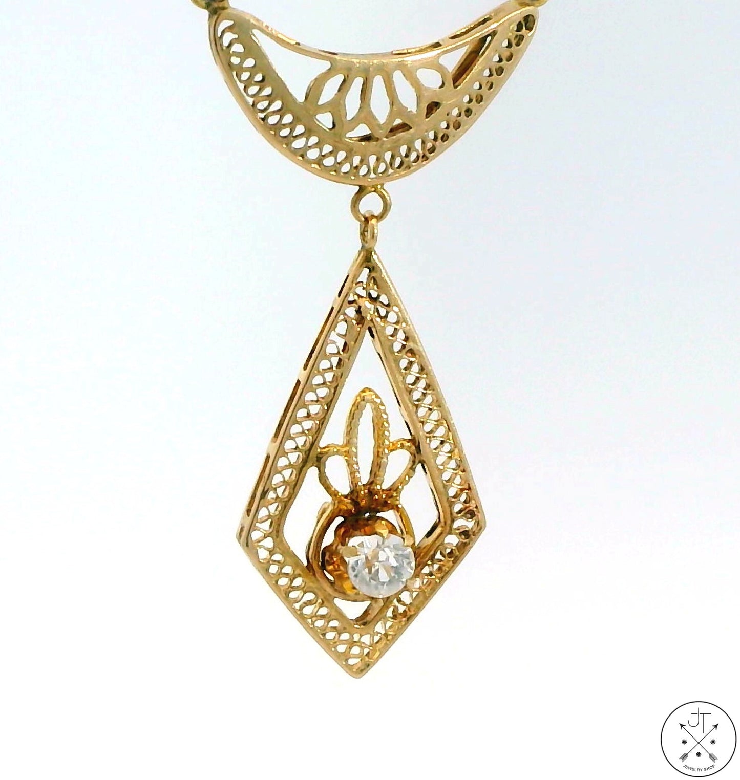 Antique Victorian 10k Yellow Gold Lavalier Necklace with White Sapphire 14.5 Inch