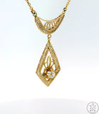 Antique Victorian 10k Yellow Gold Lavalier Necklace with White Sapphire 14.5 Inch