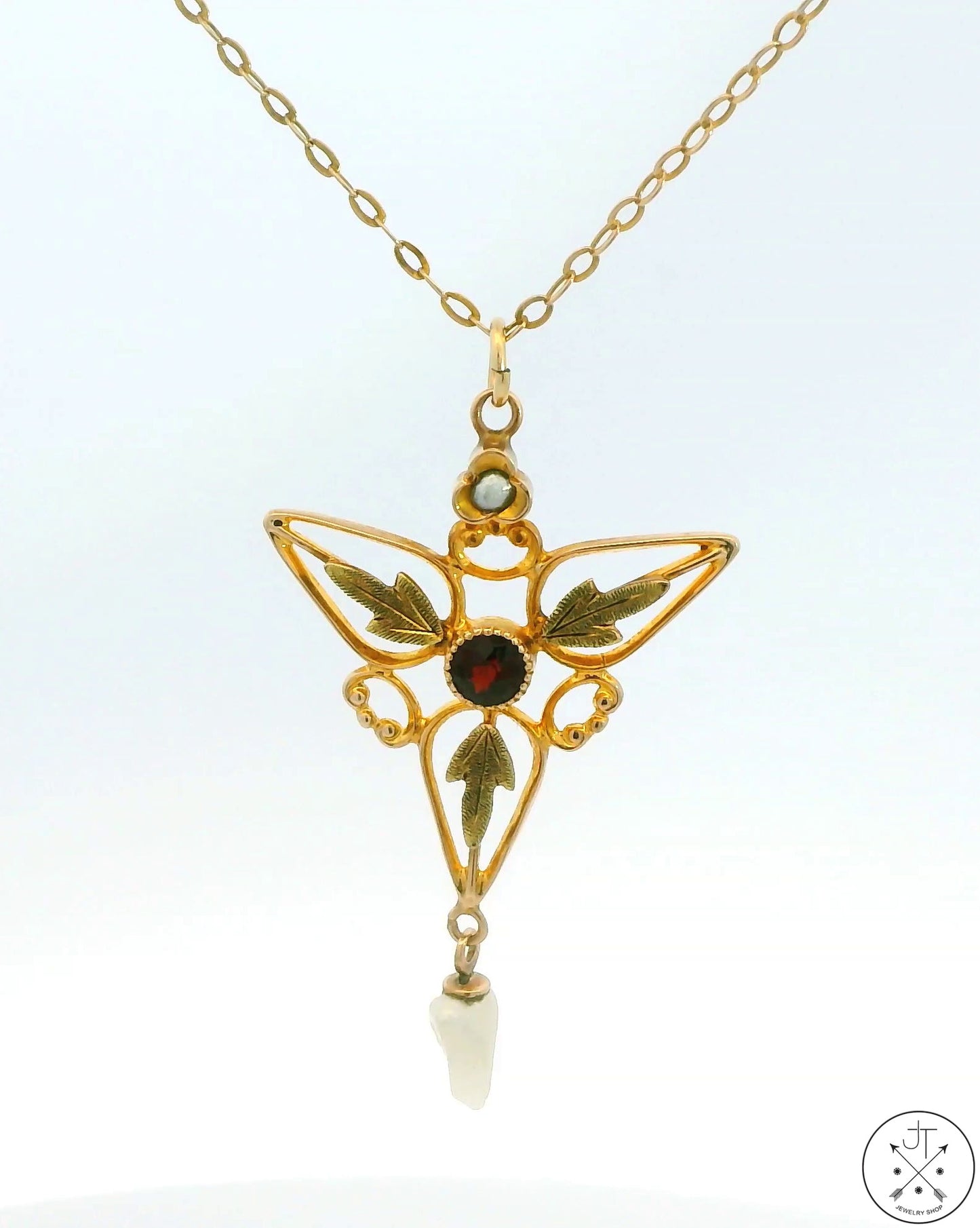 Antique 10k Yellow Gold Pendant Necklace with Rhodolite Garnet and Pearl 17 Inch