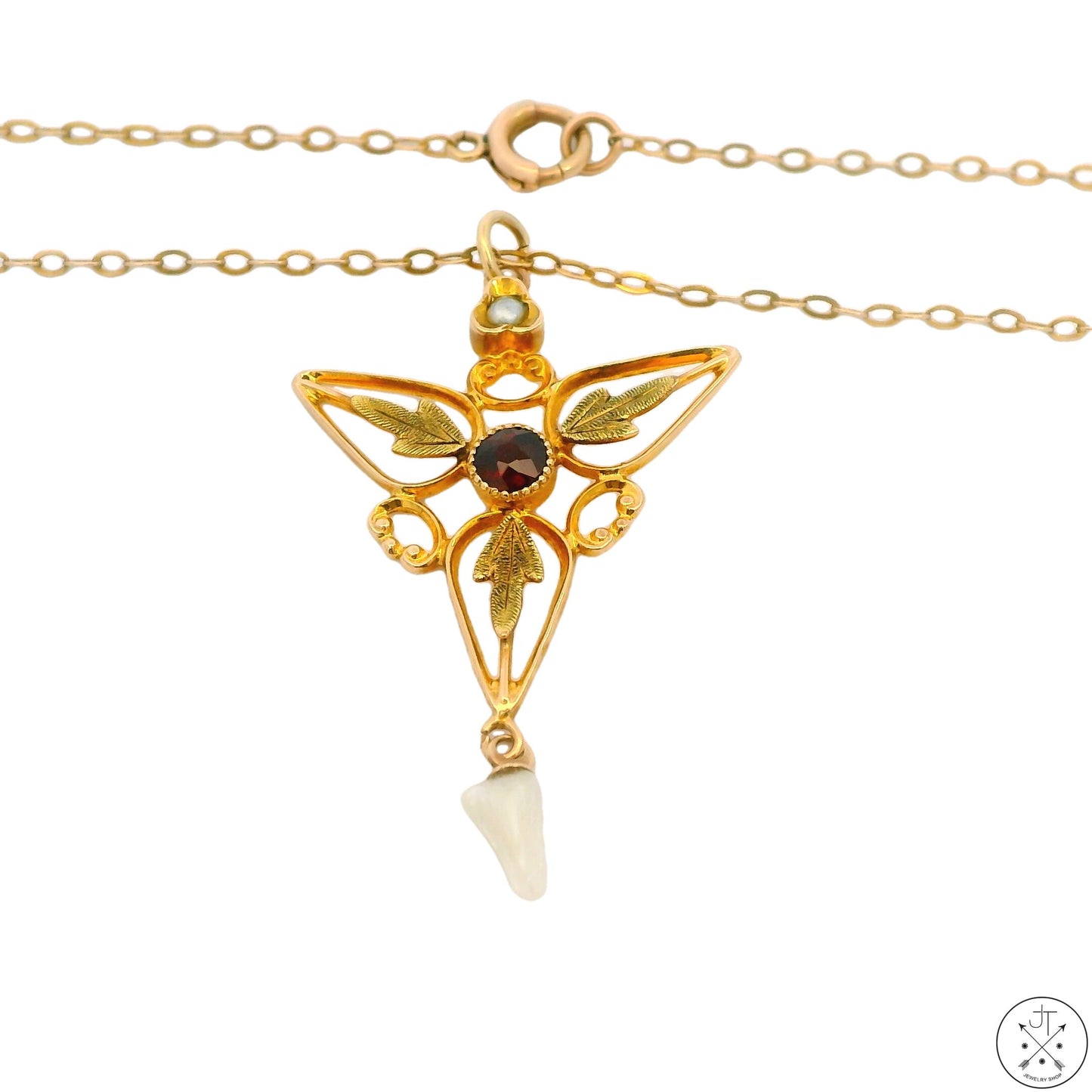 Antique 10k Yellow Gold Pendant Necklace with Rhodolite Garnet and Pearl 17 Inch