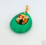 Vintage 14k Yellow Gold Malachite Gemstone Pendant Jade Carnelian Quartz