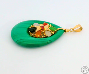 Vintage 14k Yellow Gold Malachite Gemstone Pendant Jade Carnelian Quartz