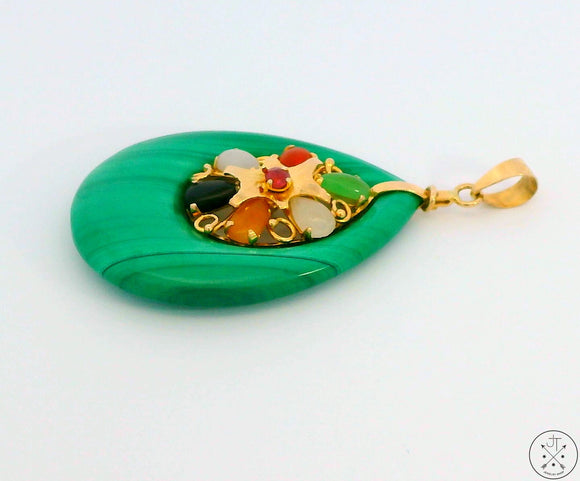 Vintage 14k Yellow Gold Malachite Gemstone Pendant Jade Carnelian Quartz