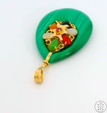 Vintage 14k Yellow Gold Malachite Gemstone Pendant Jade Carnelian Quartz