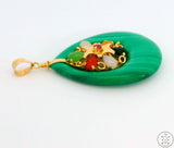 Vintage 14k Yellow Gold Malachite Gemstone Pendant Jade Carnelian Quartz