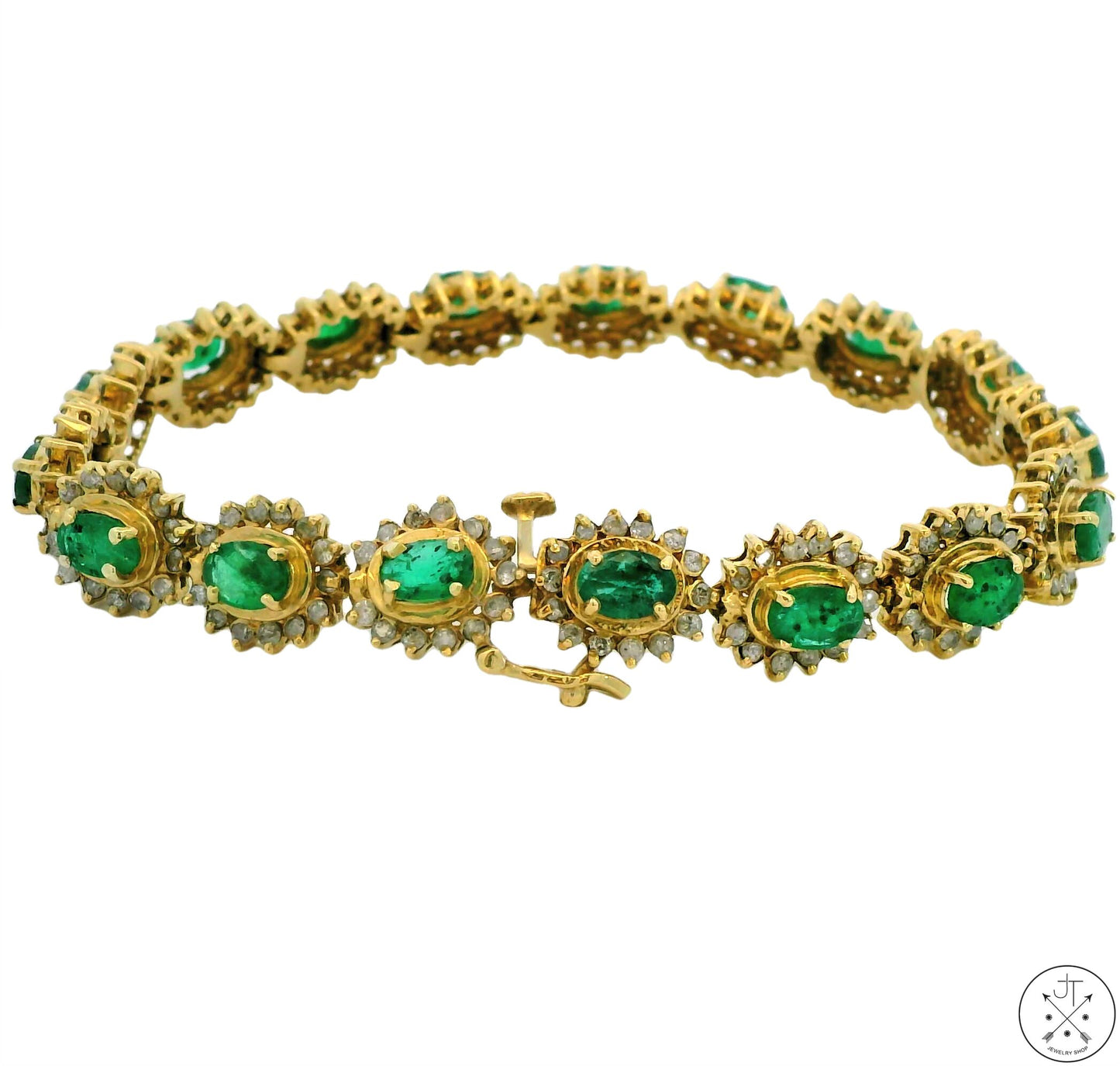 Vintage 14k Yellow Gold Tennis Bracelet with 5 ctw Emeralds and 3 ctw Diamonds 7.5 Inch