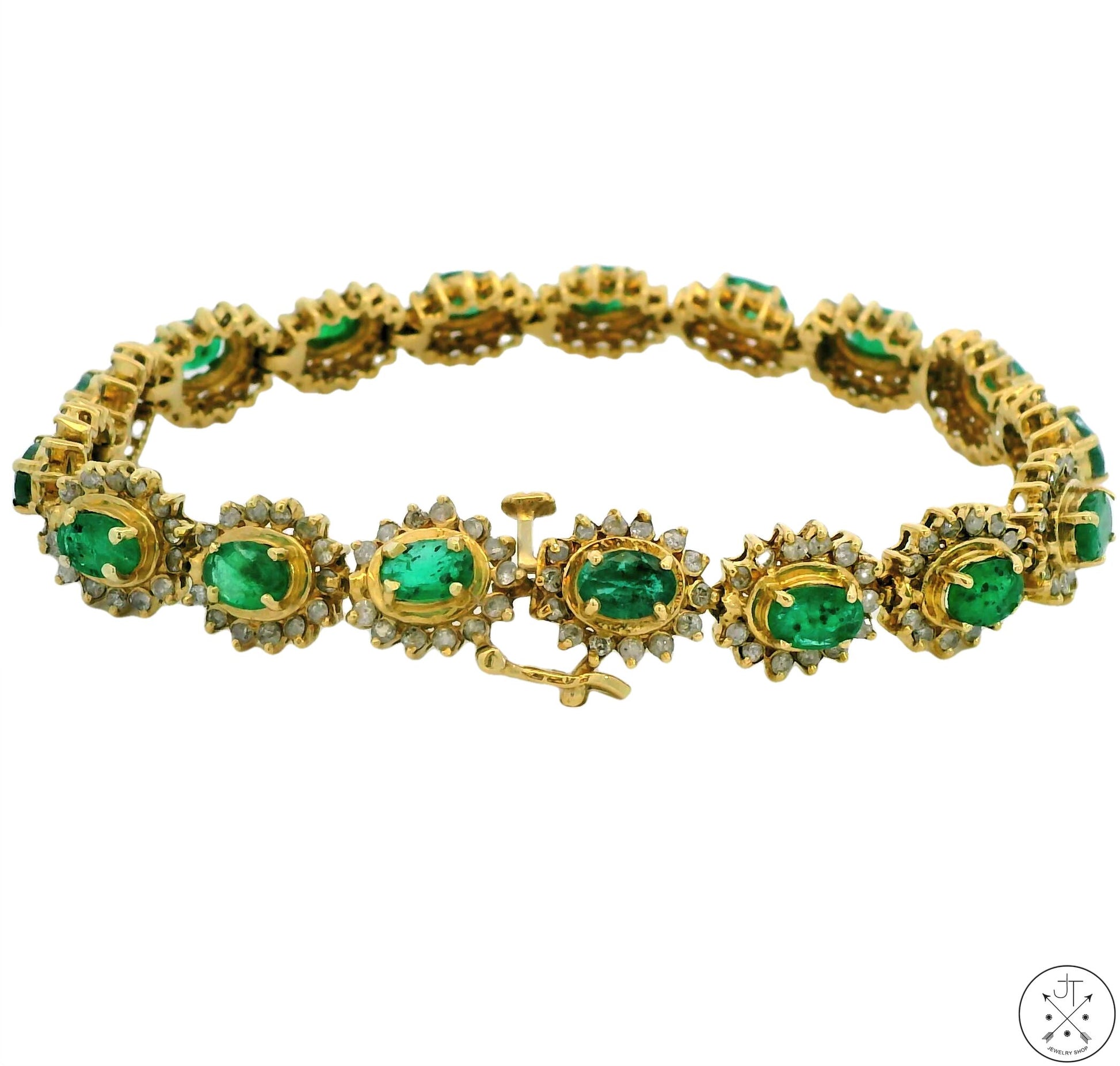 Vintage 14k Yellow Gold Tennis Bracelet with 5 ctw Emeralds and 3 ctw Diamonds 7.5 Inch