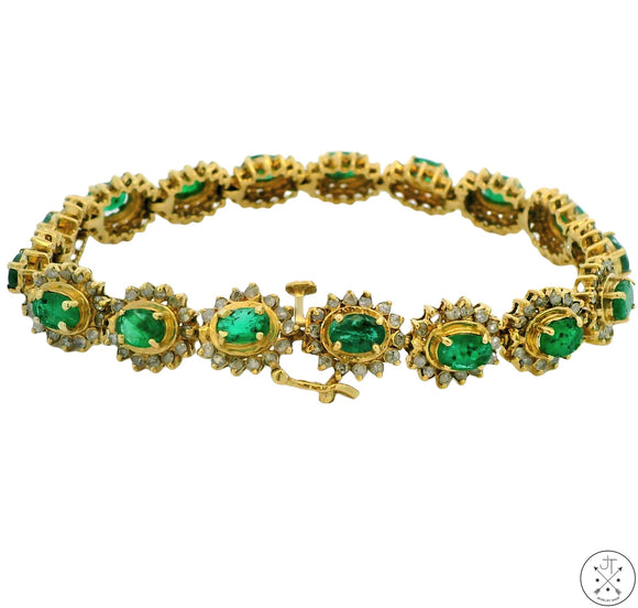 Vintage 14k Yellow Gold Tennis Bracelet with 5 ctw Emeralds and 3 ctw Diamonds 7.5 Inch