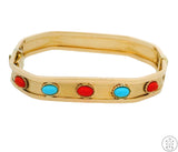 14k Yellow Gold Bracelet with Turquoise and Coral Size XL Fashion Bangle Style 7.5 Inch