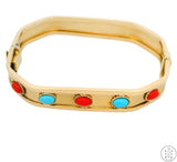 14k Yellow Gold Bracelet with Turquoise and Coral Size XL Fashion Bangle Style 7.5 Inch